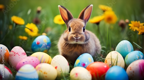 A fluffy bunny surrounded by a colorful array of easter eggs nestled in a lush green grassy field 