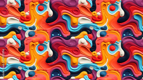 Playful and whimsical abstract pattern with a mix of shapes and colors, psychedelic art