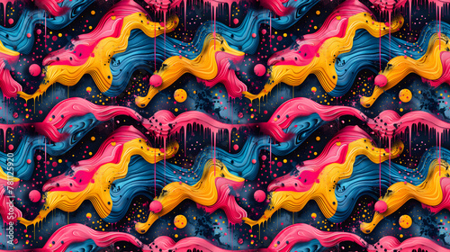 Playful and whimsical abstract pattern with a mix of shapes and colors, psychedelic style