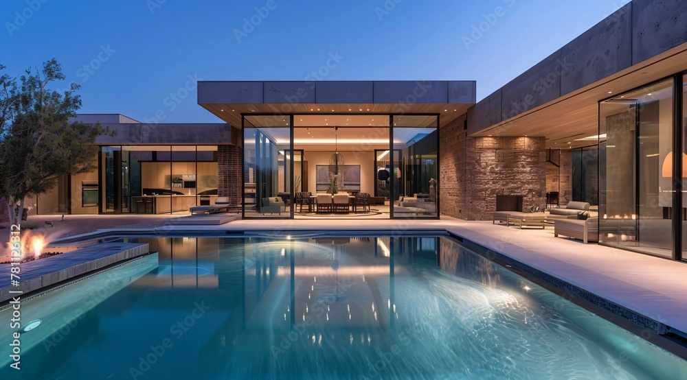 outdoor living space - modern mansion in the desert at night with swimming pool