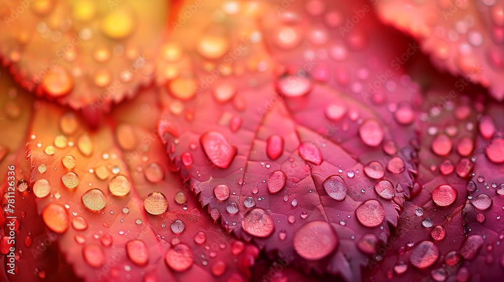 Raindrops on leaves with warm red and yellow tones. Raindrops on leaves with warm red and yellow tones.
