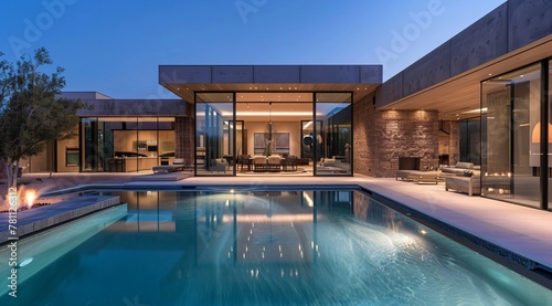outdoor living space - modern mansion in the desert at night with swimming pool