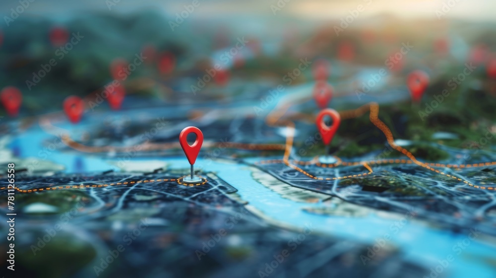 map with multiple red pins indicating locations in the city