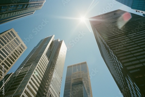 A stock photo of tall buildings with blue sky in the background