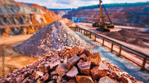 Electric rope shovel and dump truck at a copper mine