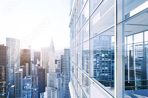 Realistic rendering of an office building with large glass windows overlooking the city skyline