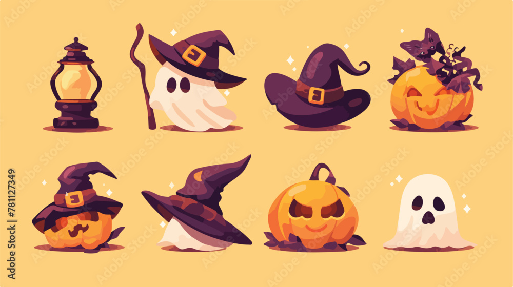 Halloween vector icons with yellow background 2d fl