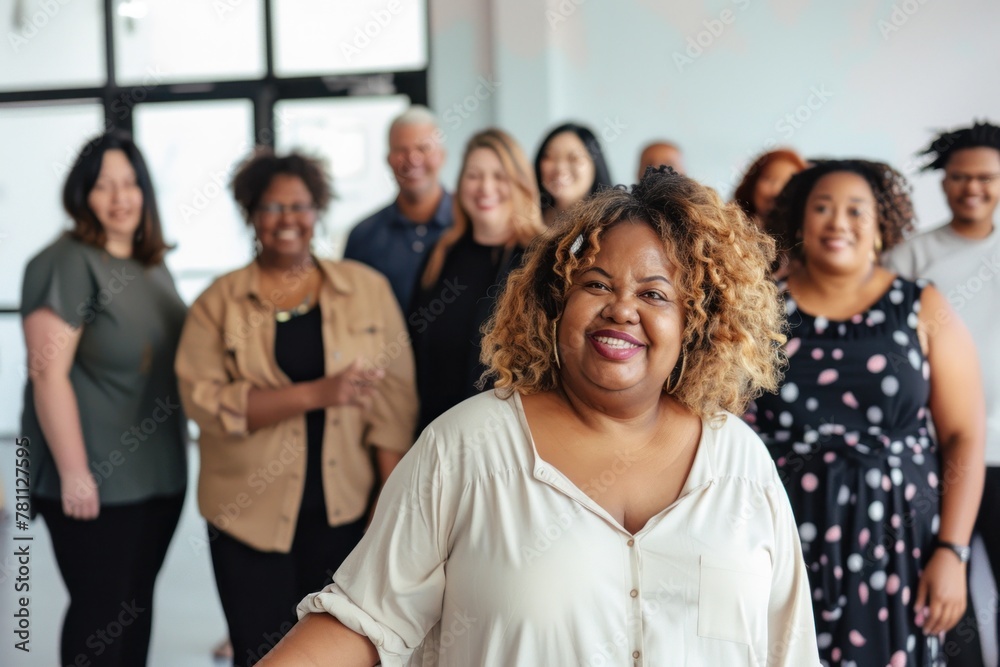 Obraz premium An open space with smiling people of various ethnicities and ages standing in front