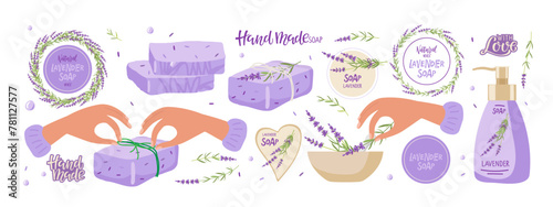 Soap Making, Homemade Lavender soap with labes. Person makes handmade soap with grass of lavender for sale, gift. Vector Illustration for small business. Herbal Healing body care. Natural spa product. © Елена Кутузова