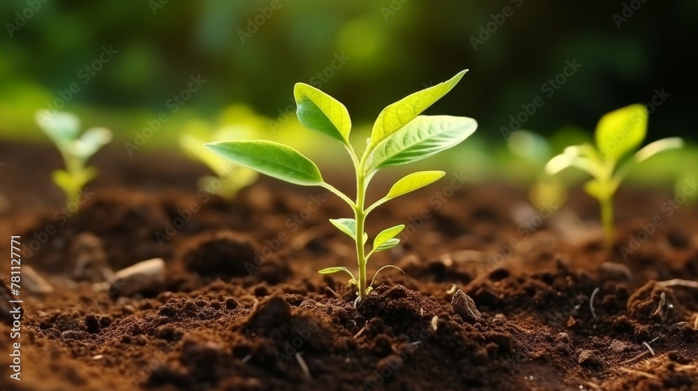 Farm scene with a focus on the close up of thriving coffee plant seedlings Farm scene with a focus on the close up of thriving coffee plant seedlings