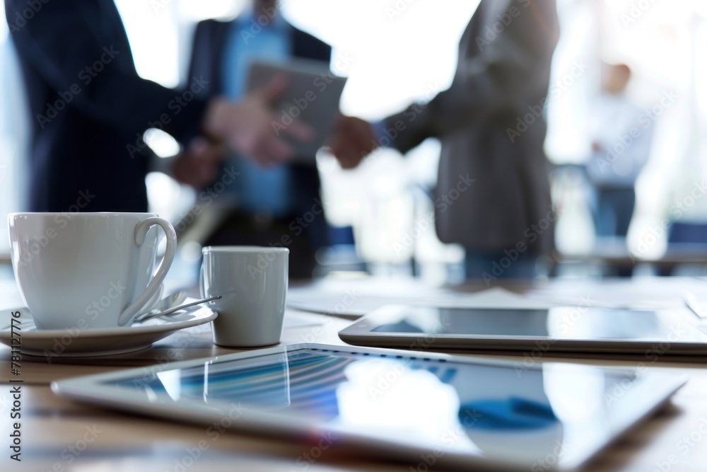 A photo of two business people shaking hands over coffee and documents on the table A photo of two business people shaking hands over coffee and documents on the table