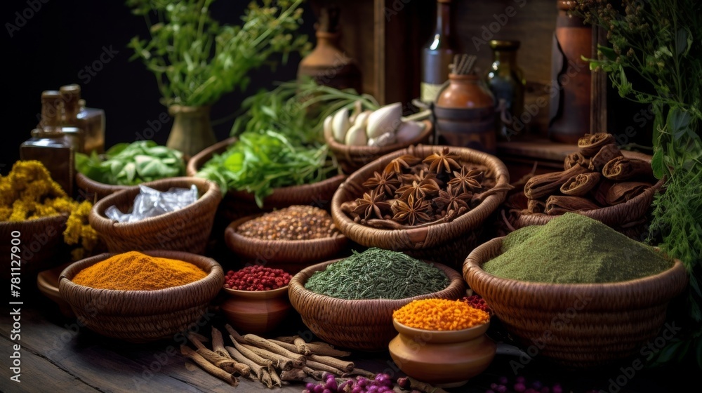 Baskets of assorted herbs and spices