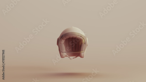 Motorcycle helmet head protection vintage visor neutral backgrounds soft tones beige brown front view 3d illustration render digital rendering