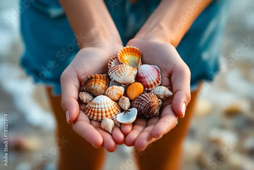 A woman holding shells in her hands.