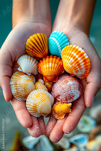A person holding a handful of colorful shells.