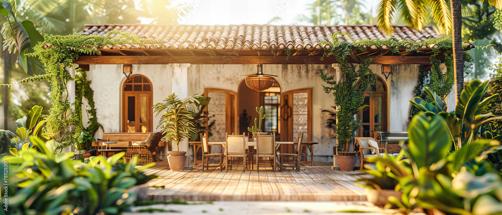 Fototapeta premium Beautiful Garden Courtyard with Modern Outdoor Furniture, Perfect for Summer Relaxation in a Luxurious Setting