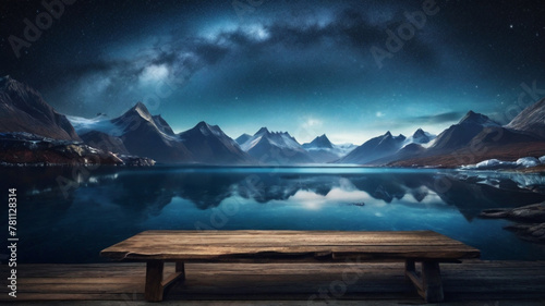Rustic wooden table with view of mountain lake scene in the background photo