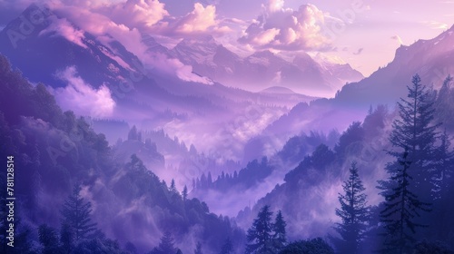 The sky is a beautiful shade of purple with clouds floating above. The mountains in the background are covered in fog, creating a serene and peaceful atmosphere