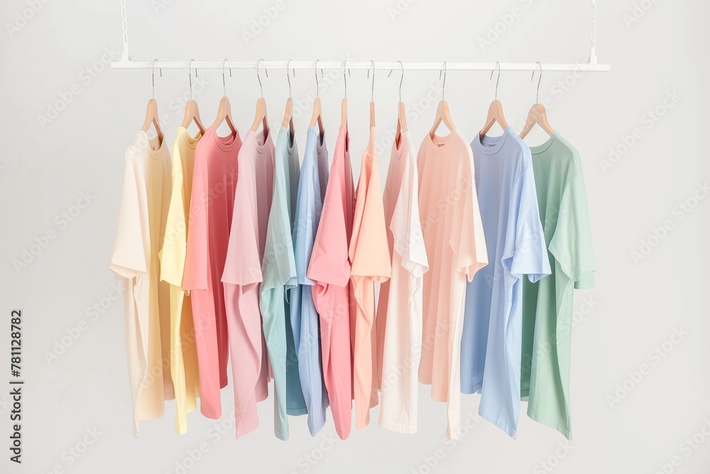 A rack with casual t-shirts hanging on wooden hangers, arranged in an organized and stylish manner against a white background. The shirts come in various colors including pastel