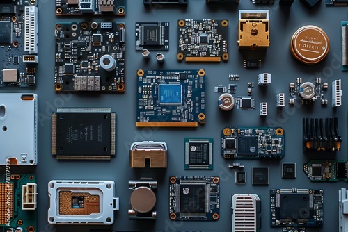 Detailed flat lay of computer components showcasing technology and electronics industry