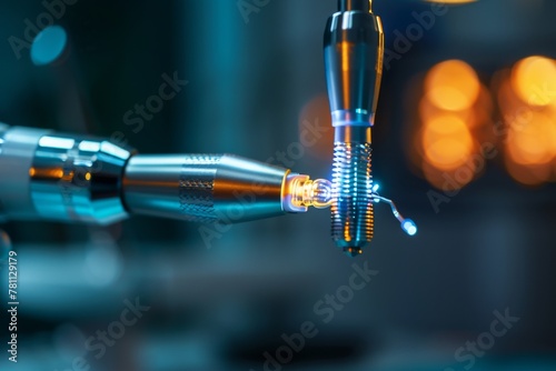Close-up of a futuristic dental handpiece in operation with glowing light photo