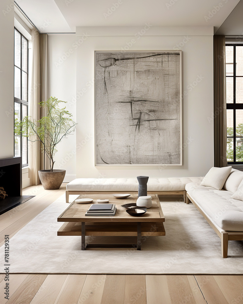 Obraz premium Scandinavian interior design of modern living room, home with fireplace and big poster frame.