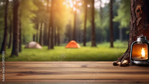 Camp Background. Empty, wooden table in forest with camping scene in background