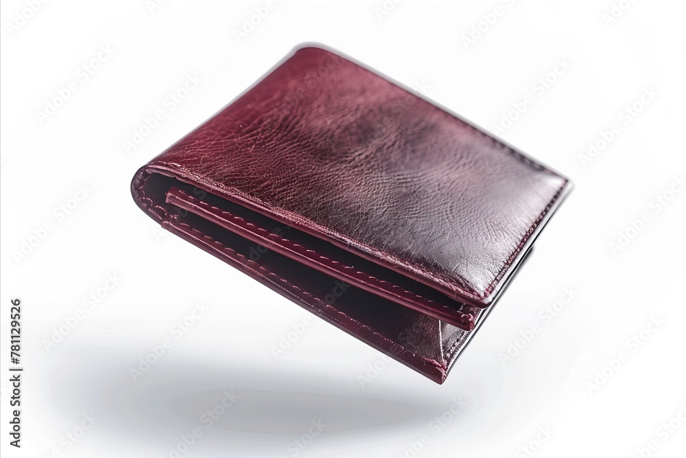 Rich burgundy leather wallet floating in the air, isolated on a white background in a detailed, high resolution, professional photograph with sharp focus and very realistic detail, flying angle