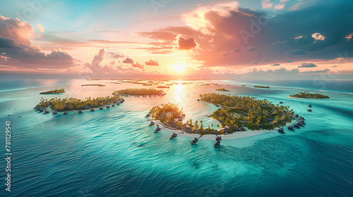 Breathtaking Aerial Perspective of a Tropical Resort, Where Overwater Bungalows Dot the Pristine Blue Lagoon photo
