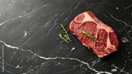 Dressed marble beef cut with sprig of rosemary on minimal black background