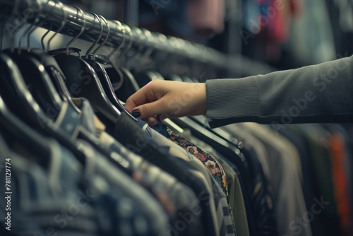 Close up of hands holding a hanger in a room, a woman doing house chores at home. A person taking out a t-shirt from a rack with other casual and formal for an outfit wearing during the day time