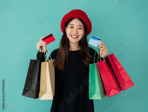 A beautiful young Asian woman is carrying colorful shopping bags and smiling happily, with a blue sky background behind her