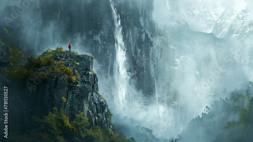 Capture the majestic flow of a high waterfall with a person standing at its base, looking up. They wear a bright red jacket that stands out against the misty blues and greens of the surrounding nature