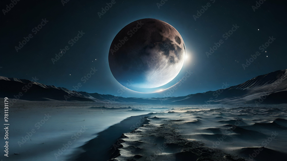 A stunning eclipse, captured from the perspective of the moon, with vibrant hues of blue and white blending together in the sky. A stunning eclipse, captured from the perspective of the moon, with vibrant hues of blue and white blending together in the sky.