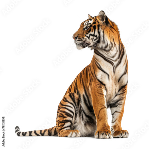 Regal tiger sitting in profile against pure white