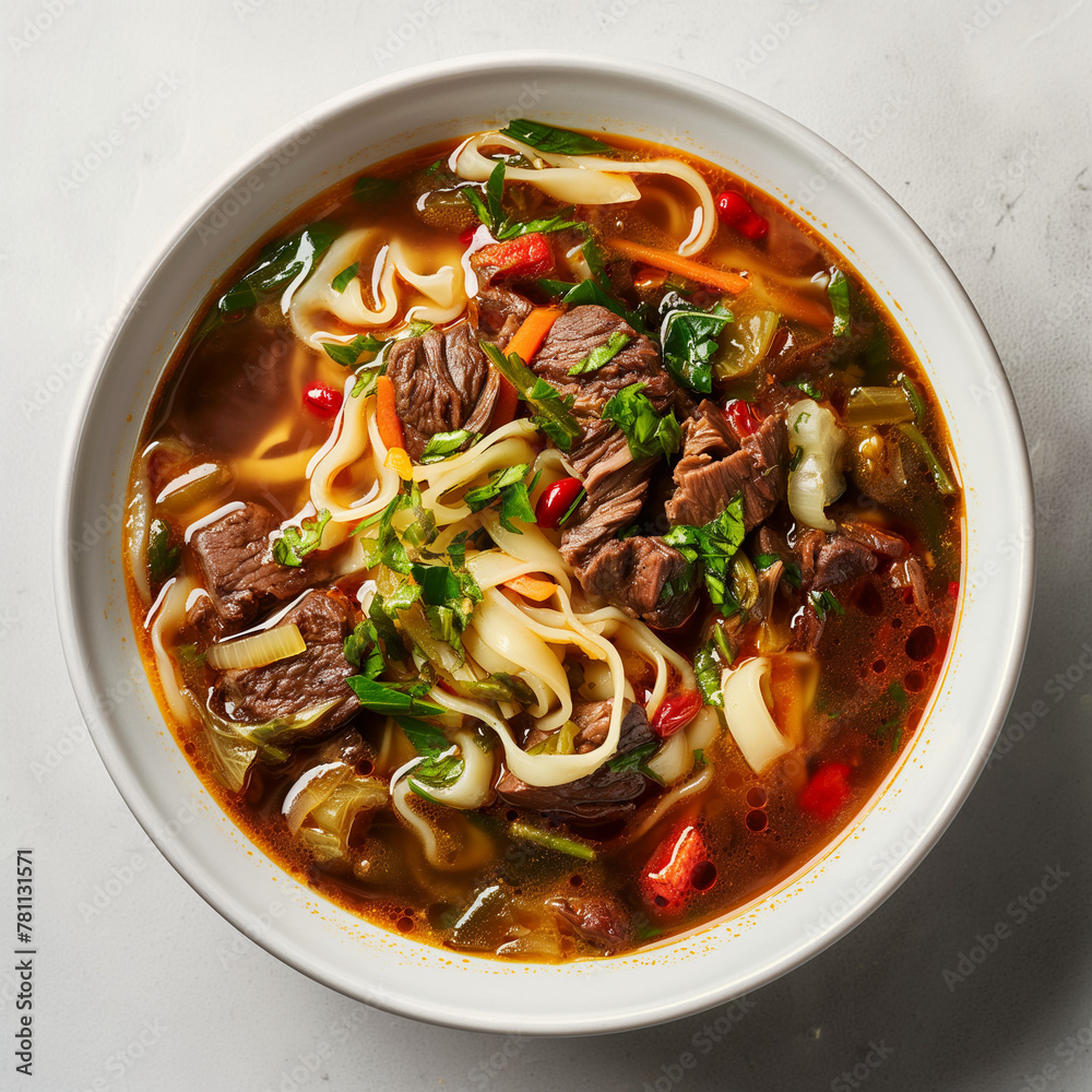 Spiced Beef, Cabbage & Noodle Soup, on the light background, topview, table top, food photography, real photo Spiced Beef, Cabbage & Noodle Soup, on the light background, topview, table top, food photography, real photo
