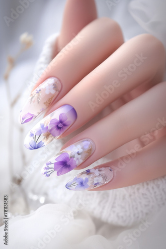 Hands of a woman with a manicure. The nails are covered with gel polish and flowers. Concept of spring - summer gel polish coating. Shallow depth of field