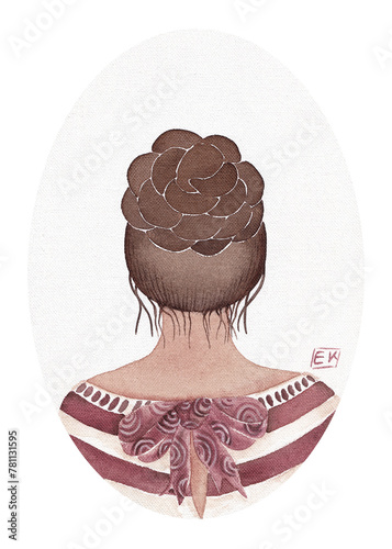 Fashionable female character on a white background. Female portrait. Back view. Contemporary works of art. Cartoon in modern style. Watercolor illustration on white oval hill © ElenVilk