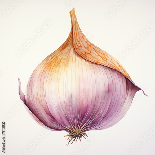 Shallot Watercolor Painting. Hand drawn red onion isolated on white background. Aquarell food ingredient illustration.