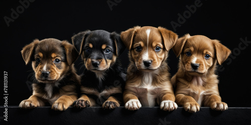 Four brown and black puppies sit side by side on table looking at the camera.
