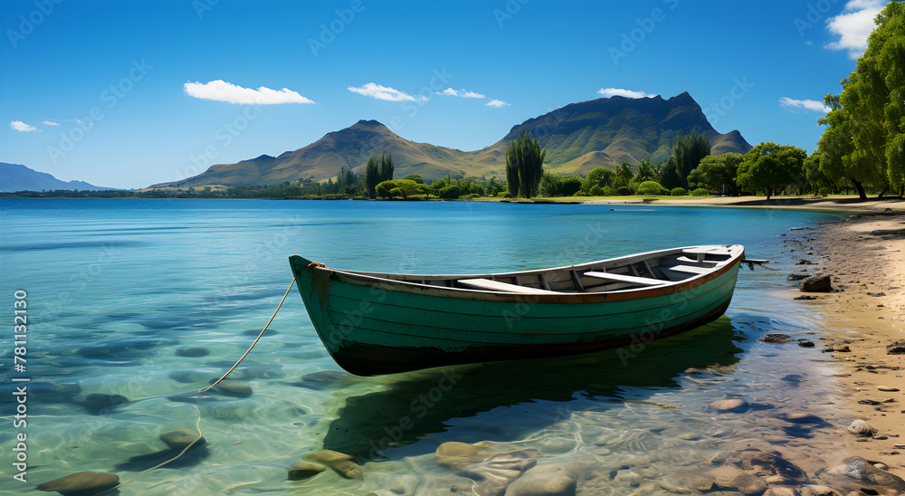 View of a fishing boat on a big tropical river under a blue sky