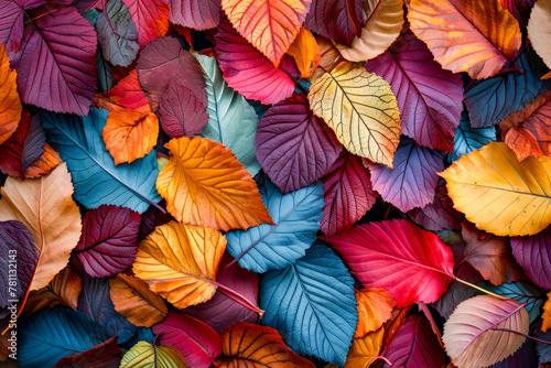 Close up of many colorful leaves including red and green ones. photo