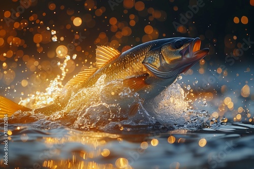 Vibrant fish leaping from golden lit waters