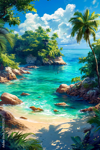 Image of tropical island with body of water that has person and bird in it. © valentyn640