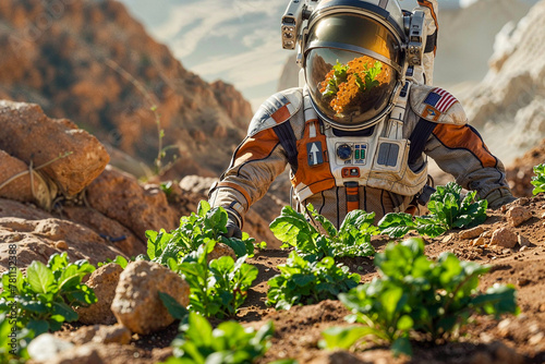 An astronaut grows vegetables on Mars