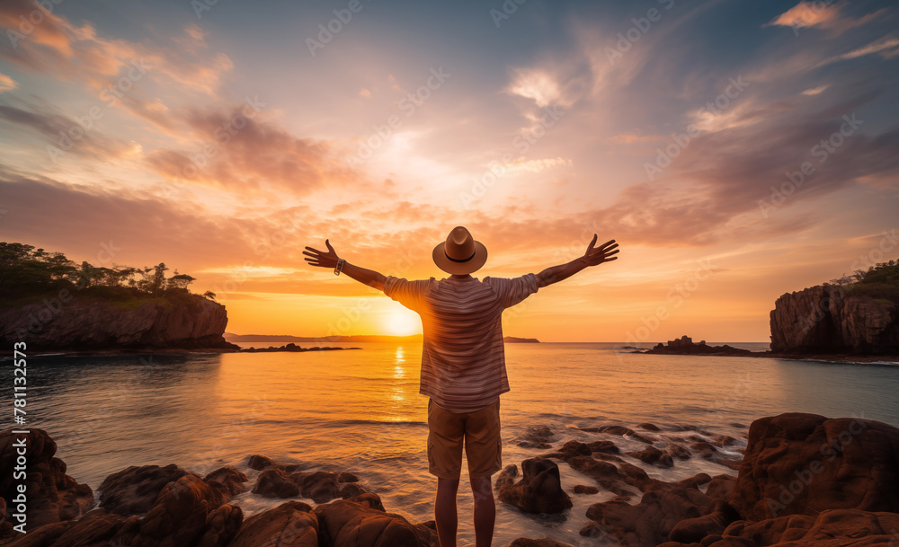 Fototapeta premium Spirited wanderer with backpack and hat admiring ocean landscape
