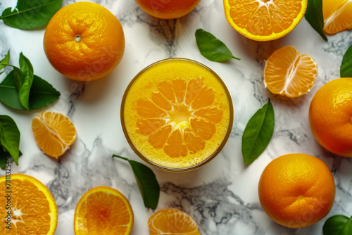Glass of orange juice is surrounded by sliced oranges.