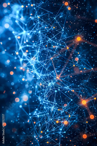 Blue and orange network of connections resembling computer circuit board or electronic blueprint.