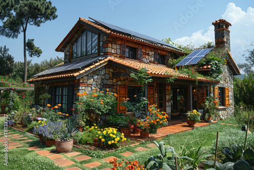A modern eco-friendly home with solar panels and lush greenery © Veniamin Kraskov