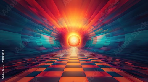 A vivid abstract tunnel with dynamic, swirling patterns and a sun-like orb casting radiant light down the checkered corridor. Generative AI